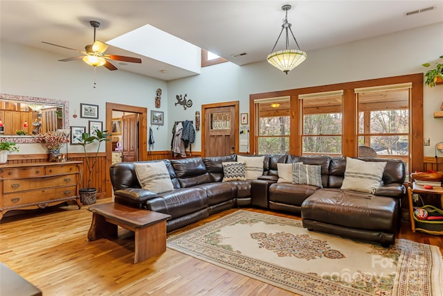 20 Meeks Rd, Black Mountain, NC 28711 - living area featuring ceiling fan, high vaulted ceiling, visible vents, a wainscoted wall, and wood finished floors