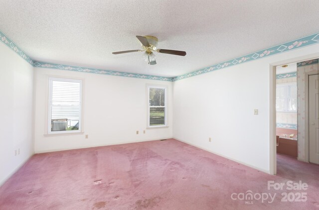 spare room featuring a textured ceiling, carpet, and a ceiling fan