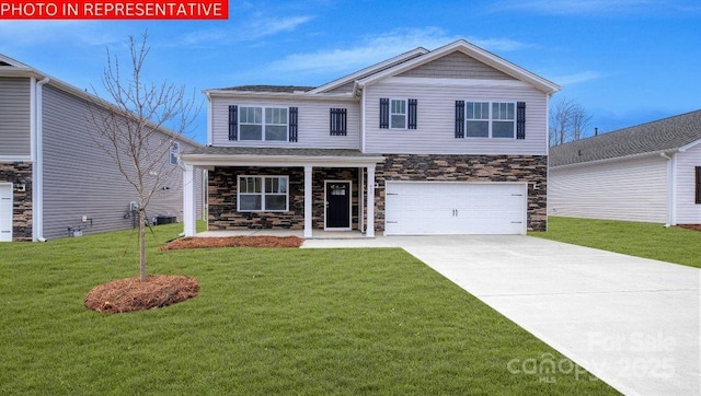 view of front of home with a porch, a front lawn, a garage, and stone siding