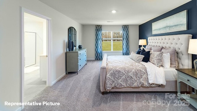 bedroom featuring visible vents, baseboards, and light carpet