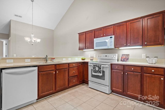 824 Wynnshire Dr Unit D, Hickory, NC 28601 - kitchen with white appliances, a sink, a chandelier, a peninsula, and light countertops