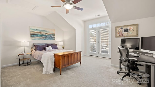 carpeted bedroom with visible vents, a ceiling fan, baseboards, and access to outside