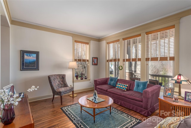 living area featuring baseboards, plenty of natural light, wood finished floors, and crown molding