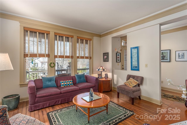 living area with baseboards, wood finished floors, and ornamental molding