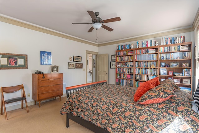 bedroom with baseboards, carpet floors, and ornamental molding