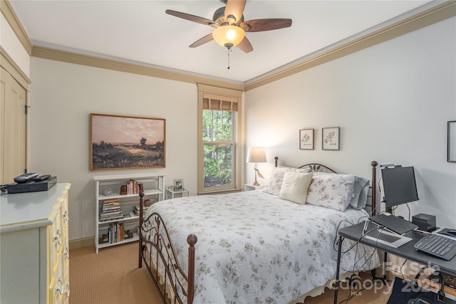 bedroom with a ceiling fan, baseboards, light colored carpet, and crown molding