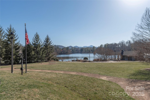 view of yard featuring a water and mountain view