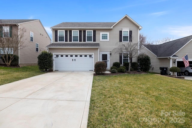 traditional-style home with an attached garage, concrete driveway, and a front lawn