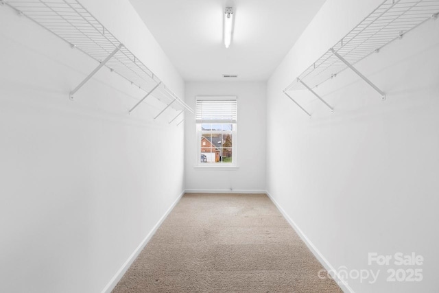 walk in closet with visible vents and carpet