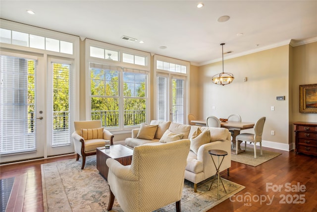 5425 Closeburn Rd Unit 309, Charlotte, NC 28210 - living room with ornamental molding, a chandelier, dark wood finished floors, and recessed lighting