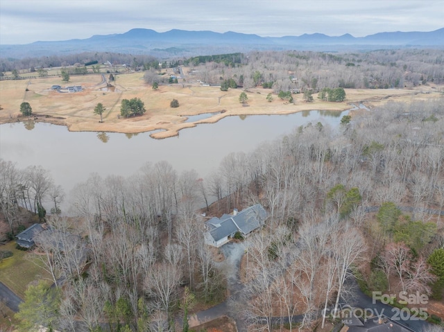 bird's eye view with a water and mountain view