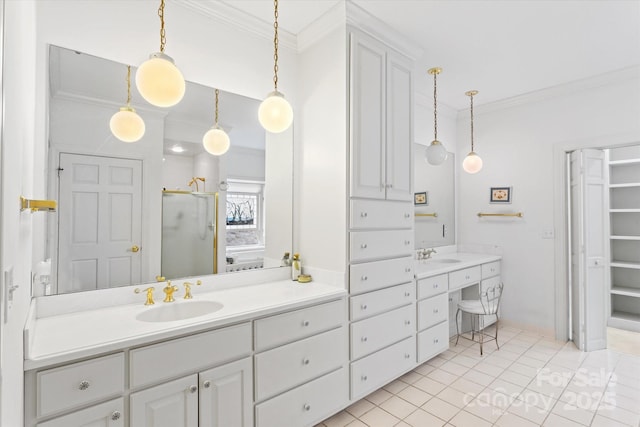 full bath with vanity, a shower stall, and ornamental molding