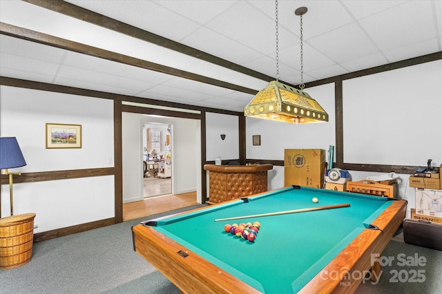 rec room featuring billiards, a drop ceiling, and carpet floors