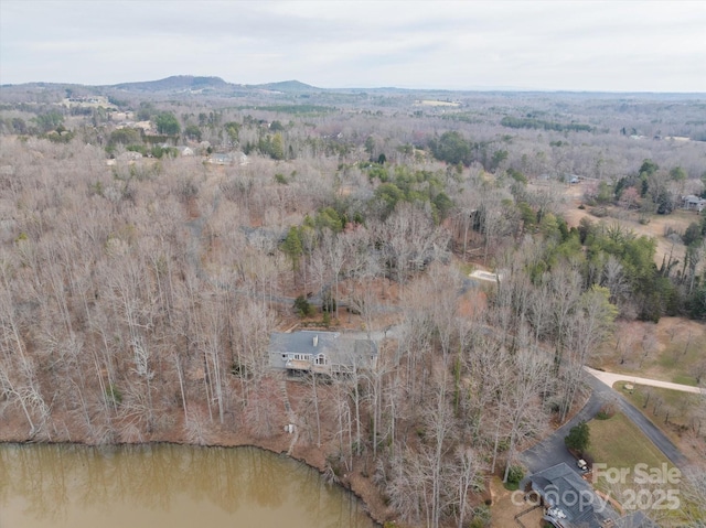 bird's eye view featuring a water and mountain view and a wooded view