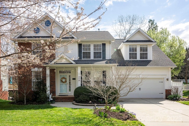 traditional home featuring brick siding, a shingled roof, a front lawn, fence, and concrete driveway