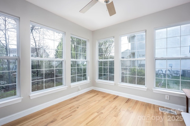 unfurnished sunroom with visible vents, baseboards, a healthy amount of sunlight, and wood finished floors