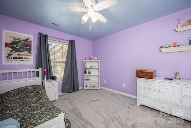 bedroom featuring visible vents, baseboards, light colored carpet, and ceiling fan
