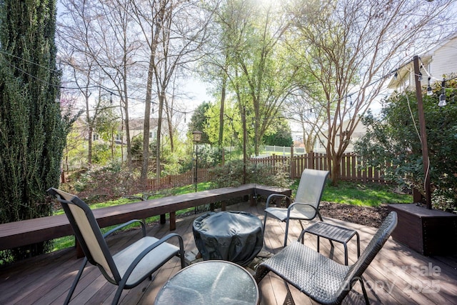wooden terrace featuring a fenced backyard