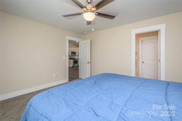 bedroom with carpet flooring, a ceiling fan, and baseboards