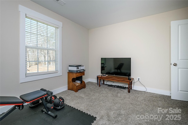 exercise area featuring visible vents, baseboards, and carpet