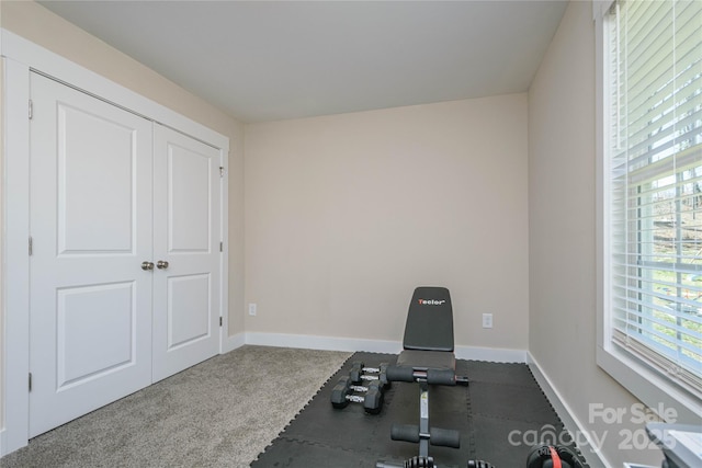 workout area featuring baseboards and carpet floors