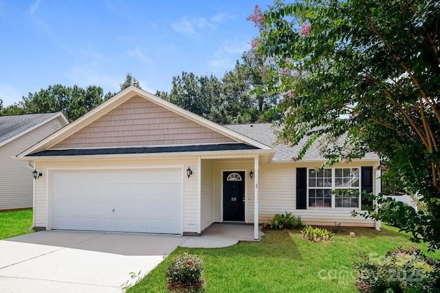 ranch-style house with concrete driveway, a front yard, and a garage