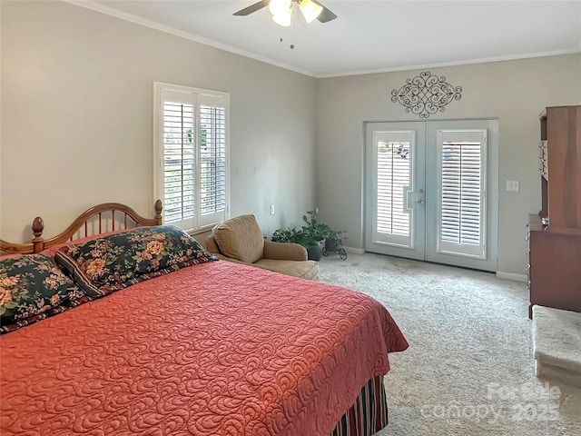 bedroom featuring crown molding, access to outside, carpet flooring, and baseboards