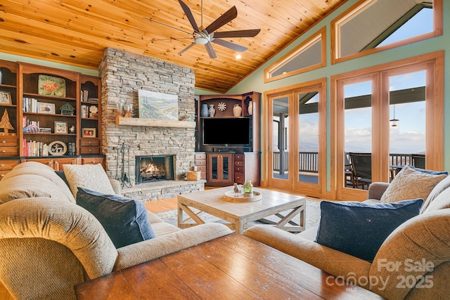 living area with a fireplace, high vaulted ceiling, wooden ceiling, and hardwood / wood-style floors