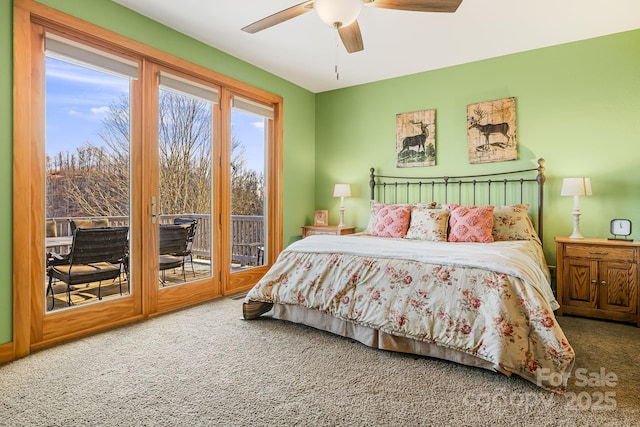 bedroom with carpet, a ceiling fan, and access to outside