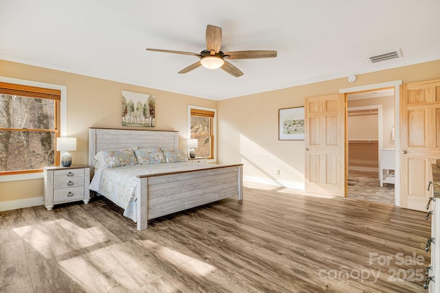 bedroom with a ceiling fan, wood finished floors, visible vents, a walk in closet, and crown molding