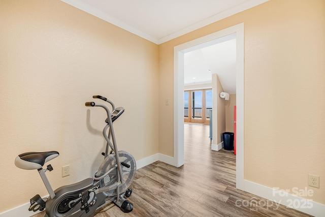 exercise area with crown molding, baseboards, and wood finished floors