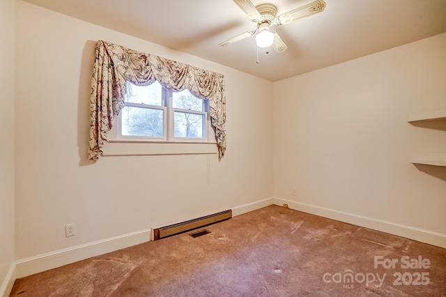 unfurnished room featuring visible vents, baseboards, carpet floors, and ceiling fan