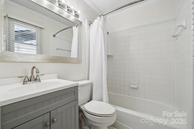 bathroom featuring vanity, toilet, shower / bathtub combination with curtain, and ornamental molding