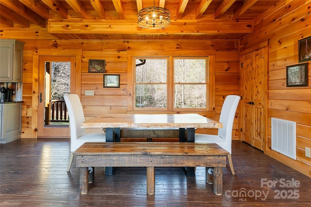 dining area featuring beam ceiling, dark wood-style floors, wood ceiling, and visible vents