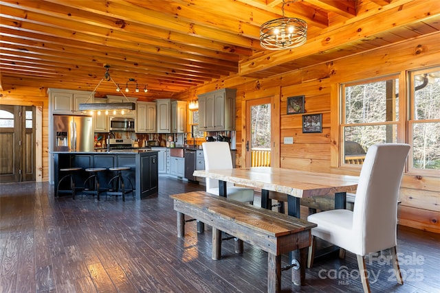 dining area with dark wood-style floors, beam ceiling, and wood walls