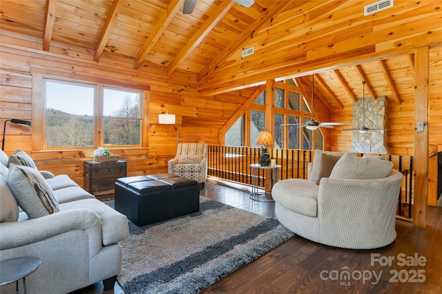 living room with lofted ceiling with beams, visible vents, wood-type flooring, and wood ceiling