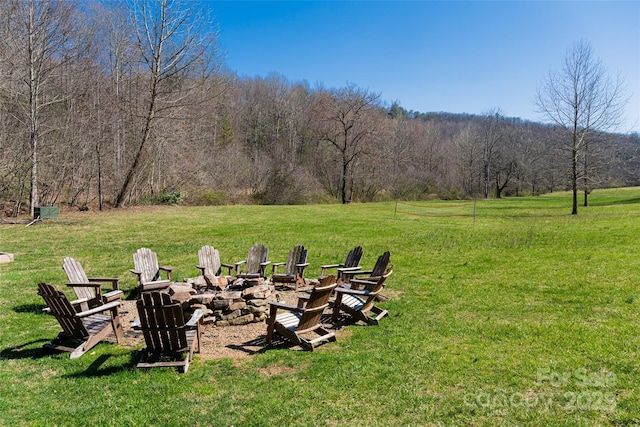 view of yard featuring a wooded view and an outdoor fire pit