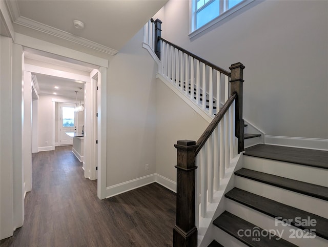 stairway with baseboards, wood finished floors, and crown molding