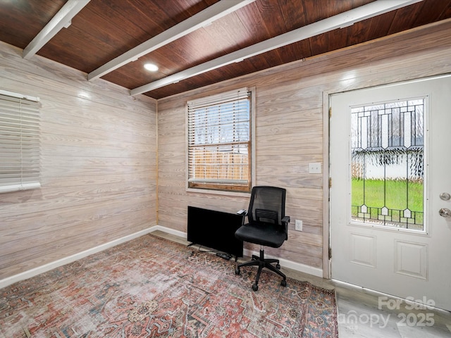 interior space with beam ceiling, wooden walls, and wood ceiling