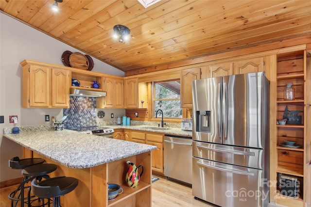 kitchen with open shelves, a peninsula, wooden ceiling, stainless steel appliances, and a sink