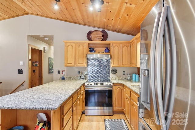 kitchen with ventilation hood, lofted ceiling, open shelves, a peninsula, and appliances with stainless steel finishes