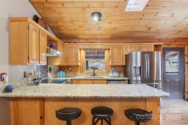 kitchen with a sink, range hood, stainless steel appliances, a peninsula, and wood ceiling