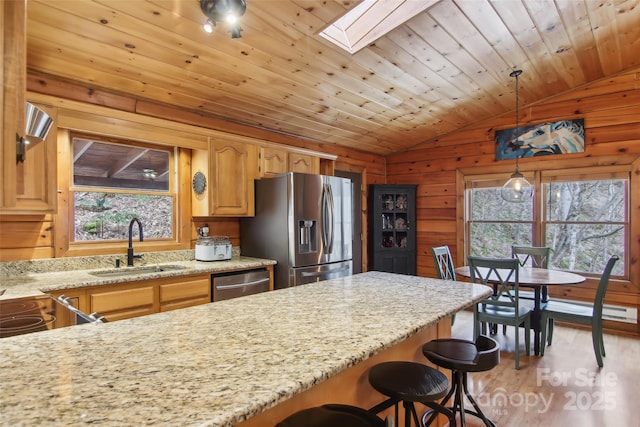 kitchen with a sink, wooden walls, plenty of natural light, and stainless steel appliances