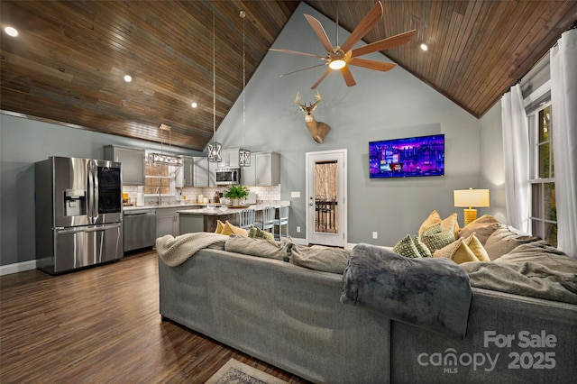 living area with high vaulted ceiling, dark wood-style floors, baseboards, wood ceiling, and ceiling fan