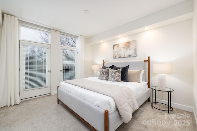 carpeted bedroom with access to exterior, recessed lighting, and baseboards