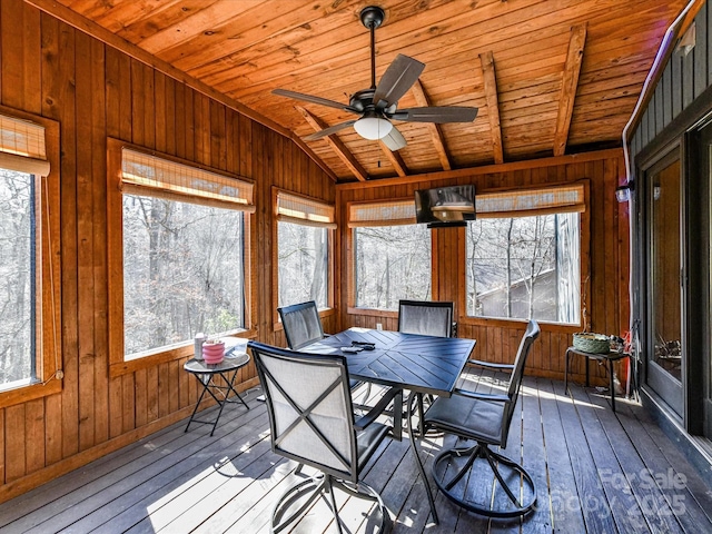 sunroom featuring ceiling fan, wooden ceiling, and vaulted ceiling