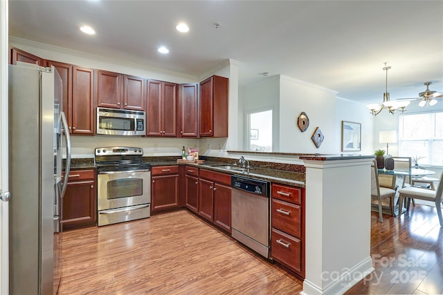 kitchen with light wood finished floors, dark brown cabinets, crown molding, a peninsula, and stainless steel appliances