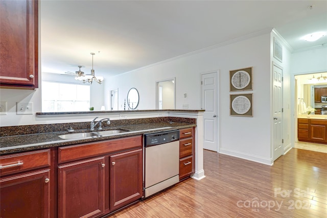 kitchen with light wood-style flooring, a sink, reddish brown cabinets, crown molding, and dishwashing machine