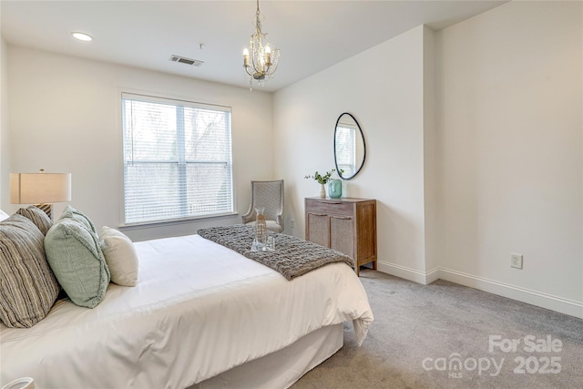 carpeted bedroom with recessed lighting, a notable chandelier, visible vents, and baseboards