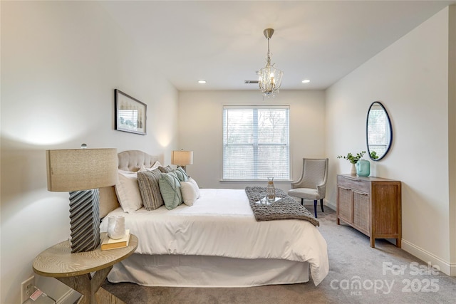 bedroom featuring recessed lighting, baseboards, light carpet, and a chandelier